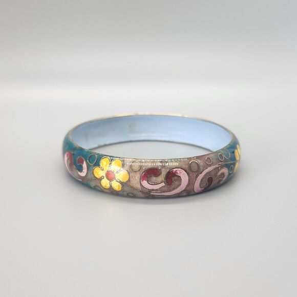 Enamel Floral Metal Bangle Bracelet Cuff Robert Kuo Unmarked Cloisonne Boho VTG - Picture 3 of 7